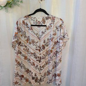 Maurices White Floral Button Down Short Sleeve Blouse